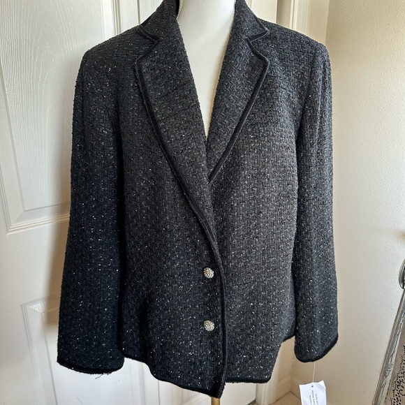 NWT Black on black tweed jacket w/black metallic threads and rhinestone …